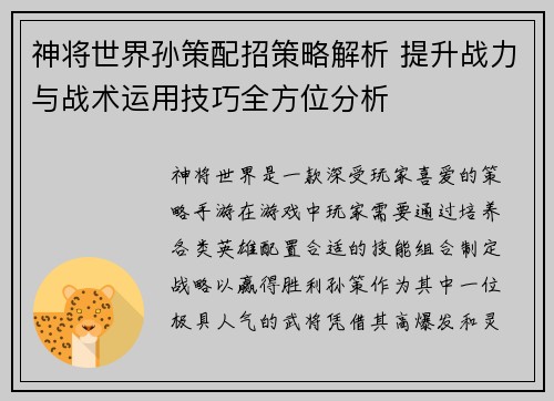 神将世界孙策配招策略解析 提升战力与战术运用技巧全方位分析