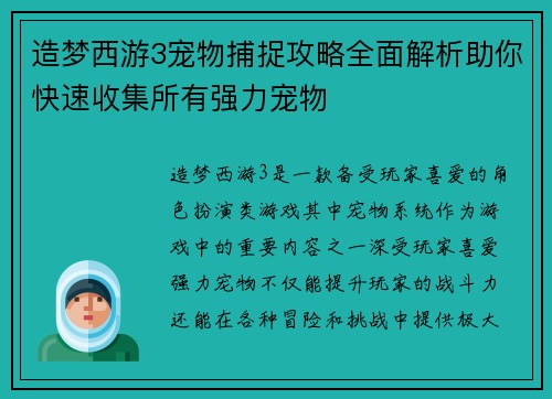 造梦西游3宠物捕捉攻略全面解析助你快速收集所有强力宠物